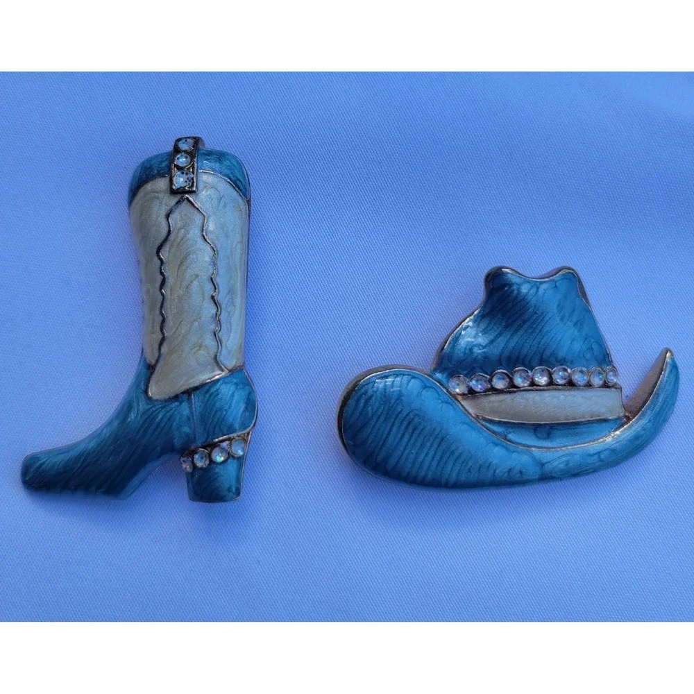 Vintage Blue Enamel Western Cowboy Hat and Boot Brooch Pin Set
